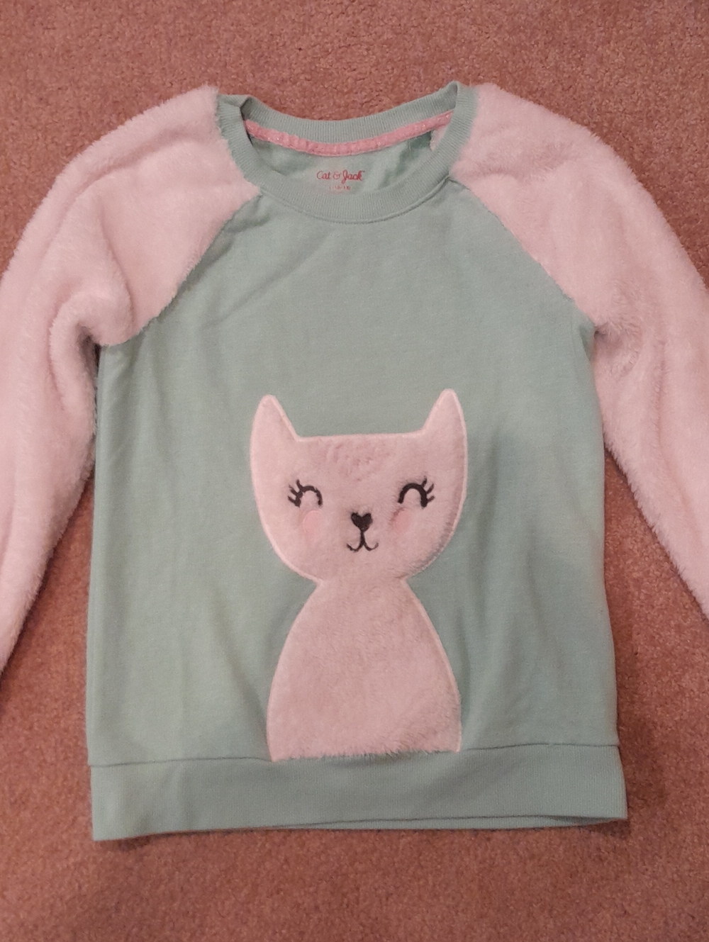 Cat & Jack Girls' Mint Green and White Fuzzy Cat Sweatshirt Girls Size L(10/12)